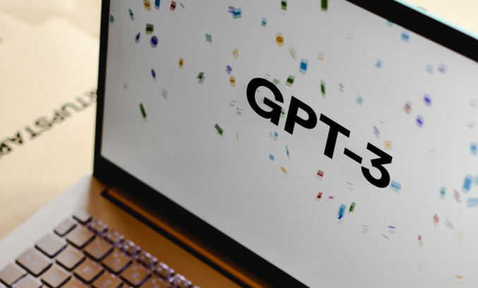 Laptop mit Konfetti auf weißem Hintergrund mit dem Schriftzug GPT-3