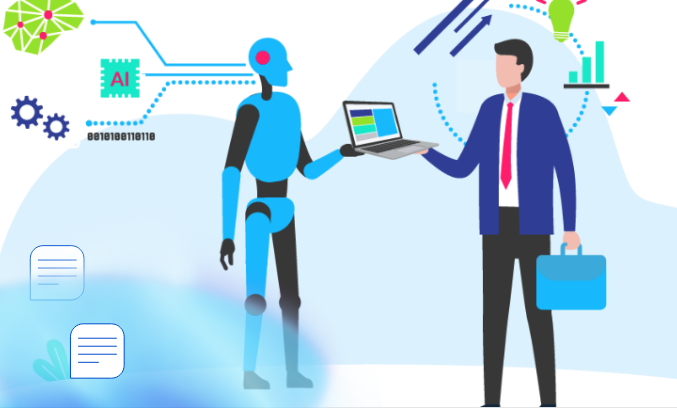 Contentserv - Illustration von Mann und einem Roboter die einen Laptop halten