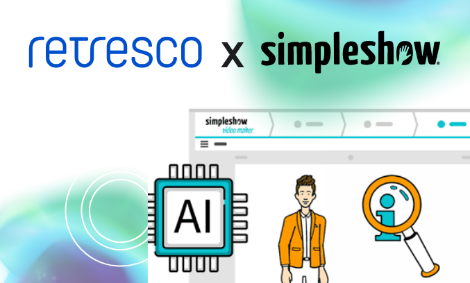 retresco und Simpleshow - Grafik mit einem AI Logo, einem Illustrierten Mann und einer Lupe