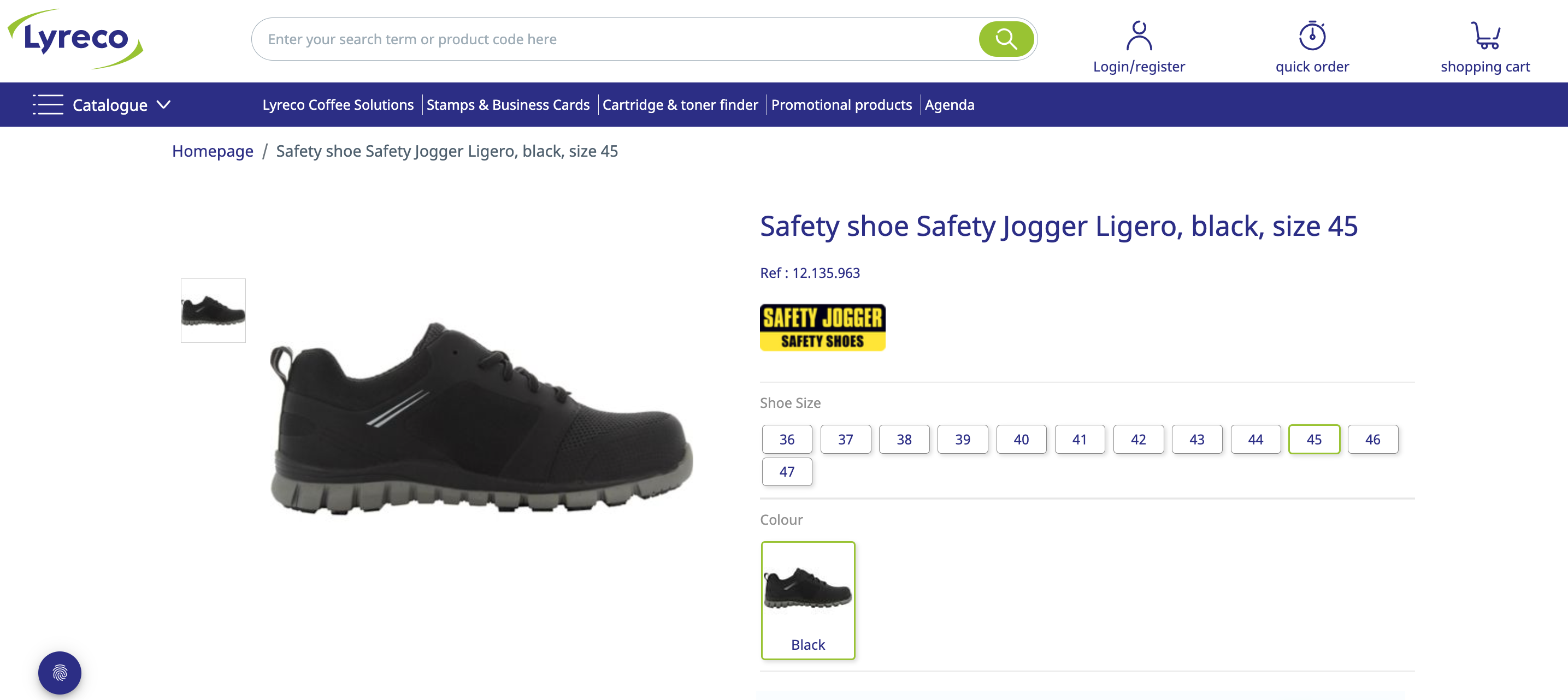Lyreco Screenshot mit schwarzen Sicherheitsschuh und Schuhgrößenwahl.