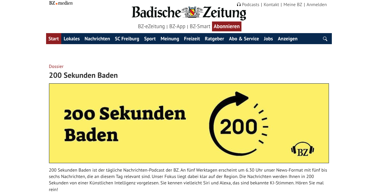 Screenshot Badische Zeitung Nachrichten-Podcast 200 Sekunden Baden