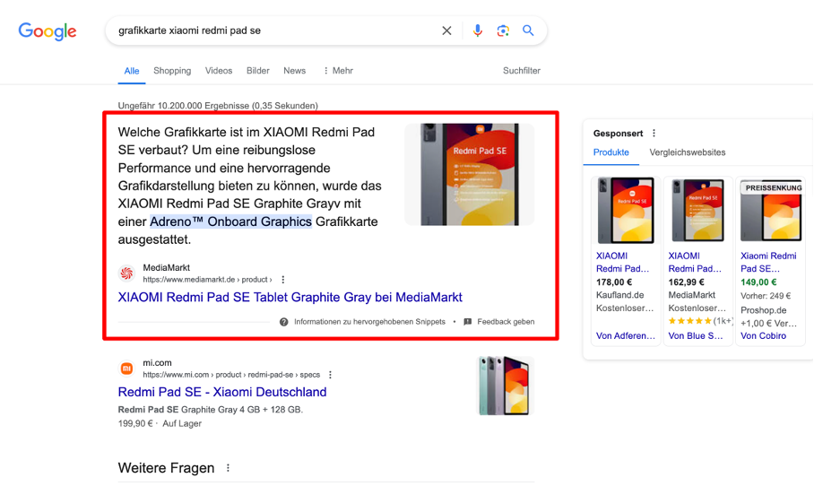 Screenshot Google Produktbeschreibung Grafikkarte MediaMarkt