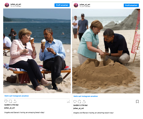 KI-Kunst - Abbildung von Barack Obama und Angela Merkel am Strand mit Eis und beim bauen einer Sandburg.