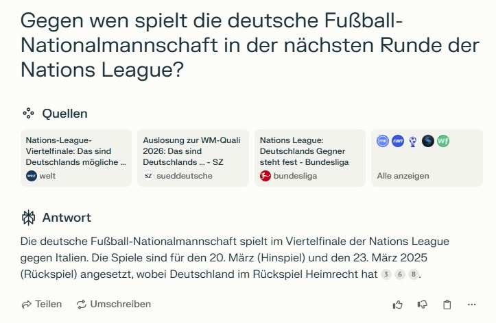 Beispiel einer Suchanfrage bei Perplexity, um durch eine strukturierte Sportberichterstattung gefunden zu werden 